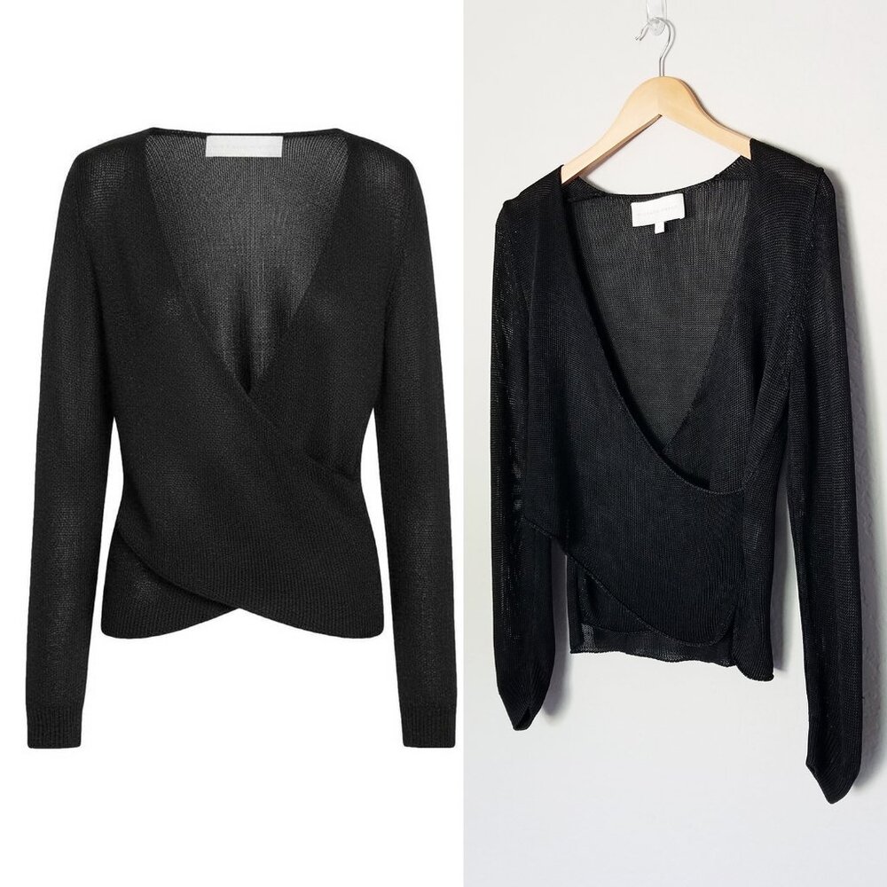 Michelle Mason Black Knit Cross Wrap Long Sleeve Sweater Top Size XS V Neck $276